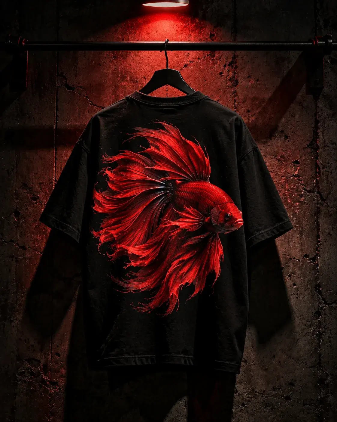 Black oversized tee with a crimson betta back print on a hanger under red light