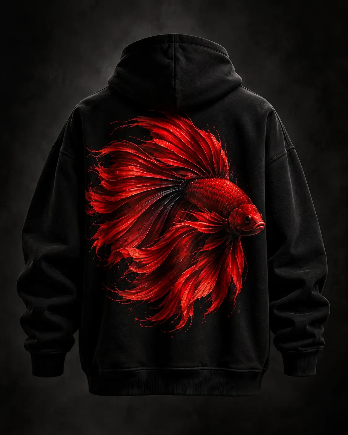 Black hoodie with a large crimson betta back print