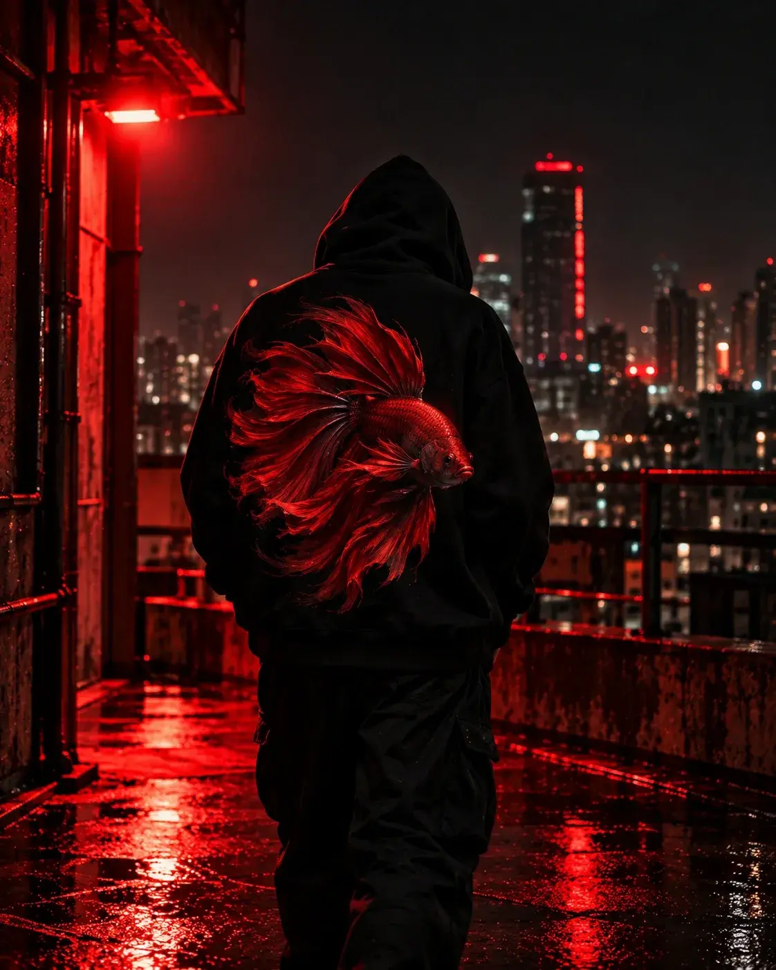 Figure in a black betta print hoodie on a rain-soaked rooftop above the city at night