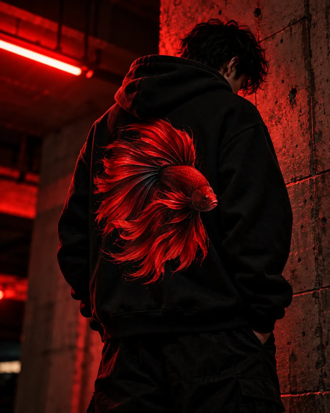 Model in a black Red Betta hoodie with a crimson betta print, under red light