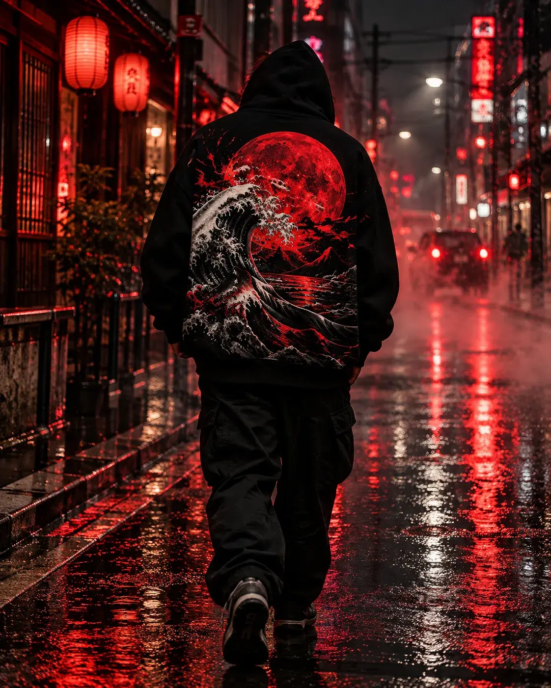 Figure walking down a rain-soaked street at night in a black hoodie with a red moon and wave back print