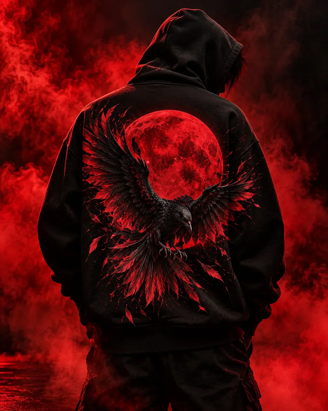 Hooded figure in red smoke wearing a black hoodie with a raven and red moon back print