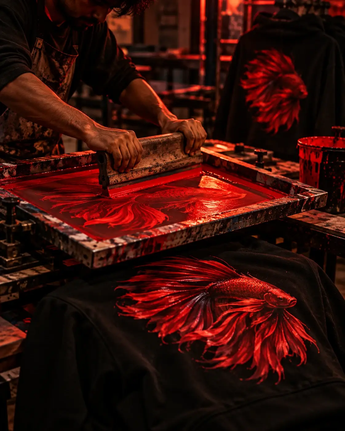 Screen printing crimson ink onto a black hoodie in the workshop